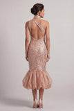 Blush sirena Bolsillos de cuello alto con dobladillo burbuja Vestido midi Madre de la novia con lentejuelas