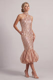 Blush sirena Bolsillos de cuello alto con dobladillo burbuja Vestido midi Madre de la novia con lentejuelas