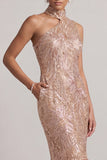 Blush sirena Bolsillos de cuello alto con dobladillo burbuja Vestido midi Madre de la novia con lentejuelas
