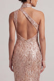 Blush sirena Bolsillos de cuello alto con dobladillo burbuja Vestido midi Madre de la novia con lentejuelas