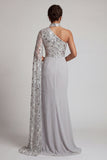 Vestido de madre de la novia de vaina gris, cuello alto y un hombro largo