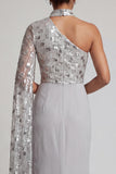 Vestido de madre de la novia de vaina gris, cuello alto y un hombro largo