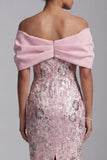 Vestido de madre de la novia con funda rosa claro sobre el hombro