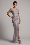Vestido de madre de novia con funda lila sobre el hombro, lentejuelas laterales, abertura lateral