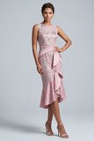 Vestido midi midi de madre de novia rosa claro con escote redondo y volantes