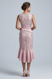 Vestido midi midi de madre de novia rosa claro con escote redondo y volantes