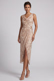 Vestido de madre de la novia, cuello de capucha funda y funda champán, con abertura lateral