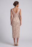 Vestido de madre de la novia, cuello de capucha funda y funda champán, con abertura lateral