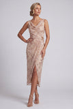 Vestido de madre de la novia, cuello de capucha funda y funda champán, con abertura lateral