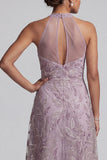 Vestido de la madre de la novia bordado en línea A lila