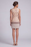 Vestido corto de madre de la novia con vaina champán y cuello redondo, con apliques