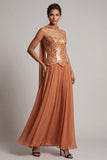 Vestido de madre de la novia con lentejuelas bronceadoras de gasa sin tirantes hasta el tobillo