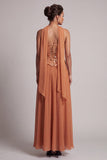 Vestido de madre de la novia con lentejuelas bronceadoras de gasa sin tirantes hasta el tobillo