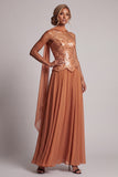 Vestido de madre de la novia con lentejuelas bronceadoras de gasa sin tirantes hasta el tobillo