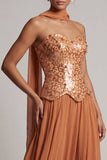 Vestido de madre de la novia con lentejuelas bronceadoras de gasa sin tirantes hasta el tobillo