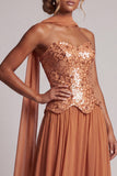 Vestido de madre de la novia con lentejuelas bronceadoras de gasa sin tirantes hasta el tobillo