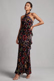 Vestido de madre de la novia, de cuello halter negro, terciopelo floral de funda larga y volantes laterales