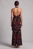 Vestido de madre de la novia, de cuello halter negro, terciopelo floral de funda larga y volantes laterales