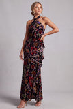 Vestido de madre de la novia, de cuello halter negro, terciopelo floral de funda larga y volantes laterales