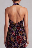 Vestido de madre de la novia, de cuello halter negro, terciopelo floral de funda larga y volantes laterales
