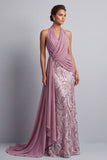 Wisteria Chiffon Necker de cuello halter Lentejuelas Frugadas Cuerda de Sirena Vestido de Madre de la Novia con drapeado
