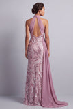Wisteria Chiffon Necker de cuello halter Lentejuelas Frugadas Cuerda de Sirena Vestido de Madre de la Novia con drapeado