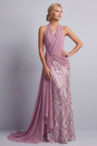 Wisteria Chiffon Necker de cuello halter Lentejuelas Frugadas Cuerda de Sirena Vestido de Madre de la Novia con drapeado