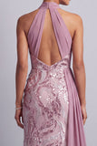 Wisteria Chiffon Necker de cuello halter Lentejuelas Frugadas Cuerda de Sirena Vestido de Madre de la Novia con drapeado