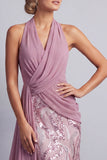 Wisteria Chiffon Necker de cuello halter Lentejuelas Frugadas Cuerda de Sirena Vestido de Madre de la Novia con drapeado