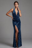 Vestido largo de madre de la novia Jacquard de terciopelo azul marino oscuro con escote húltima, funda arrugada