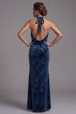 Vestido largo de madre de la novia Jacquard de terciopelo azul marino oscuro con escote húltima, funda arrugada