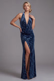 Vestido largo de madre de la novia Jacquard de terciopelo azul marino oscuro con escote húltima, funda arrugada