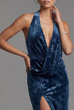 Vestido largo de madre de la novia Jacquard de terciopelo azul marino oscuro con escote húltima, funda arrugada