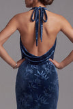 Vestido largo de madre de la novia Jacquard de terciopelo azul marino oscuro con escote húltima, funda arrugada