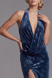 Vestido largo de madre de la novia Jacquard de terciopelo azul marino oscuro con escote húltima, funda arrugada