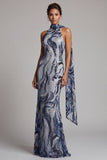 Lentejuelas azul marino, sirena de cuello alto, vestido largo de madre de la novia con cuentas