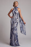 Lentejuelas azul marino, sirena de cuello alto, vestido largo de madre de la novia con cuentas