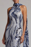 Lentejuelas azul marino, sirena de cuello alto, vestido largo de madre de la novia con cuentas