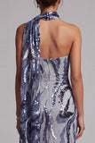 Lentejuelas azul marino, sirena de cuello alto, vestido largo de madre de la novia con cuentas