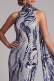 Lentejuelas azul marino, sirena de cuello alto, vestido largo de madre de la novia con cuentas