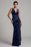Vestido largo de madre de la novia Jacquard de terciopelo marino marino oscuro con escote en V y faja drapeada