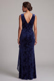 Vestido largo de madre de la novia Jacquard de terciopelo marino marino oscuro con escote en V y faja drapeada