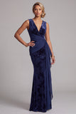 Vestido largo de madre de la novia Jacquard de terciopelo marino marino oscuro con escote en V y faja drapeada