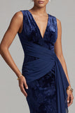 Vestido largo de madre de la novia Jacquard de terciopelo marino marino oscuro con escote en V y faja drapeada