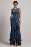 Vestido de madre de la novia asimétrico de Madre de la novia azul marino azul marino con cuello bateau oscuro y jacquard