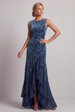 Vestido de madre de la novia asimétrico de Madre de la novia azul marino azul marino con cuello bateau oscuro y jacquard