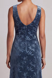 Vestido de madre de la novia asimétrico de Madre de la novia azul marino azul marino con cuello bateau oscuro y jacquard