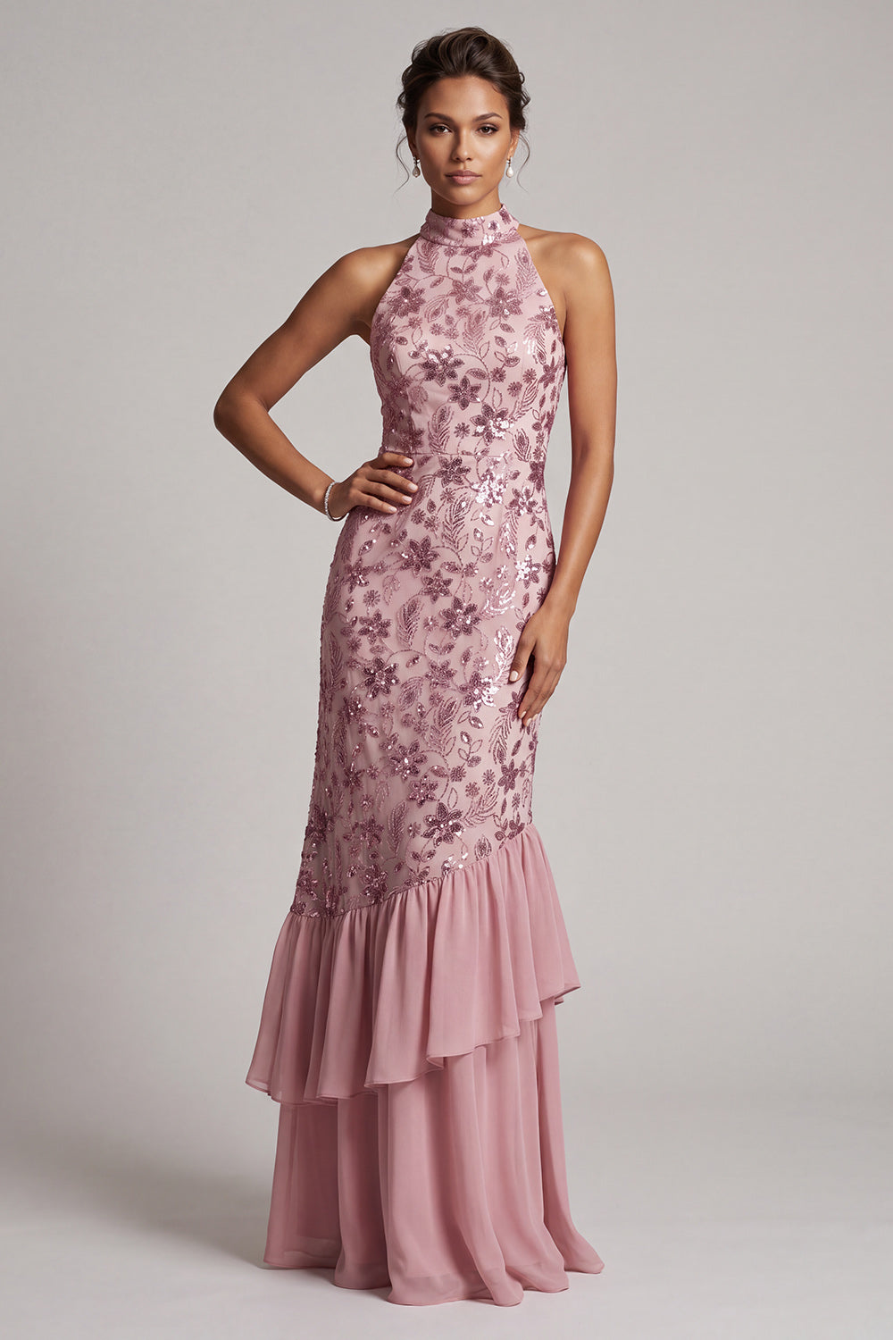 Vestido de madre de novia vintage malva con volantes con volantes, funda sin espalda, largo vestido de madre de novia