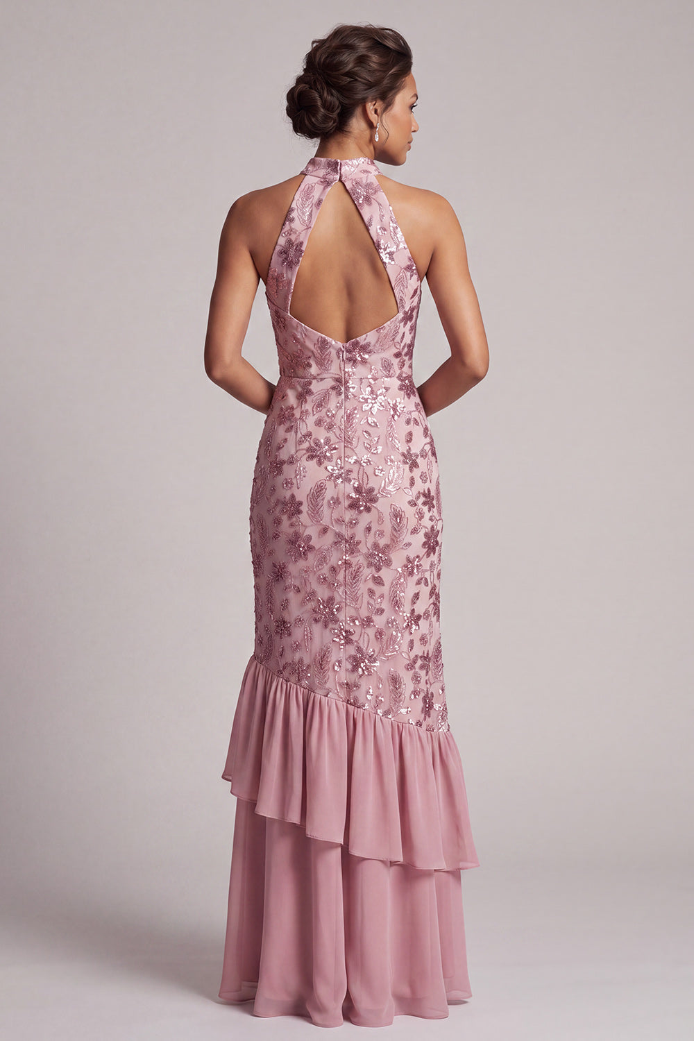 Vestido de madre de novia vintage malva con volantes con volantes, funda sin espalda, largo vestido de madre de novia