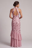 Vestido de madre de novia vintage malva con volantes con volantes, funda sin espalda, largo vestido de madre de novia